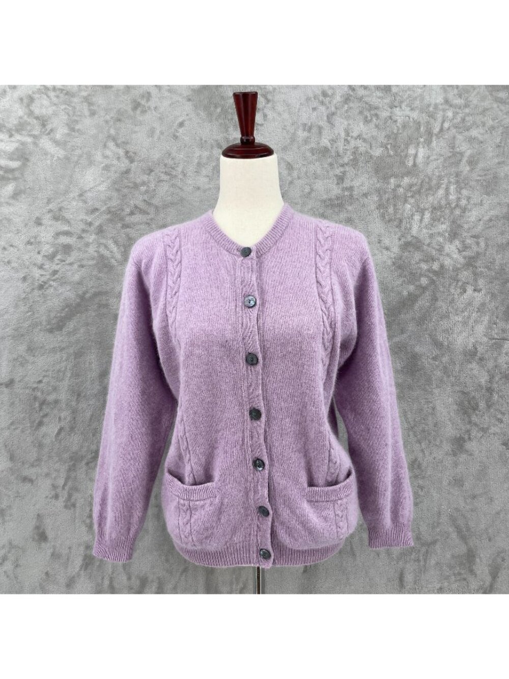Vtg Blarney Woolen Mills Lambswool Angora Cable Knit Cardigan Sweater